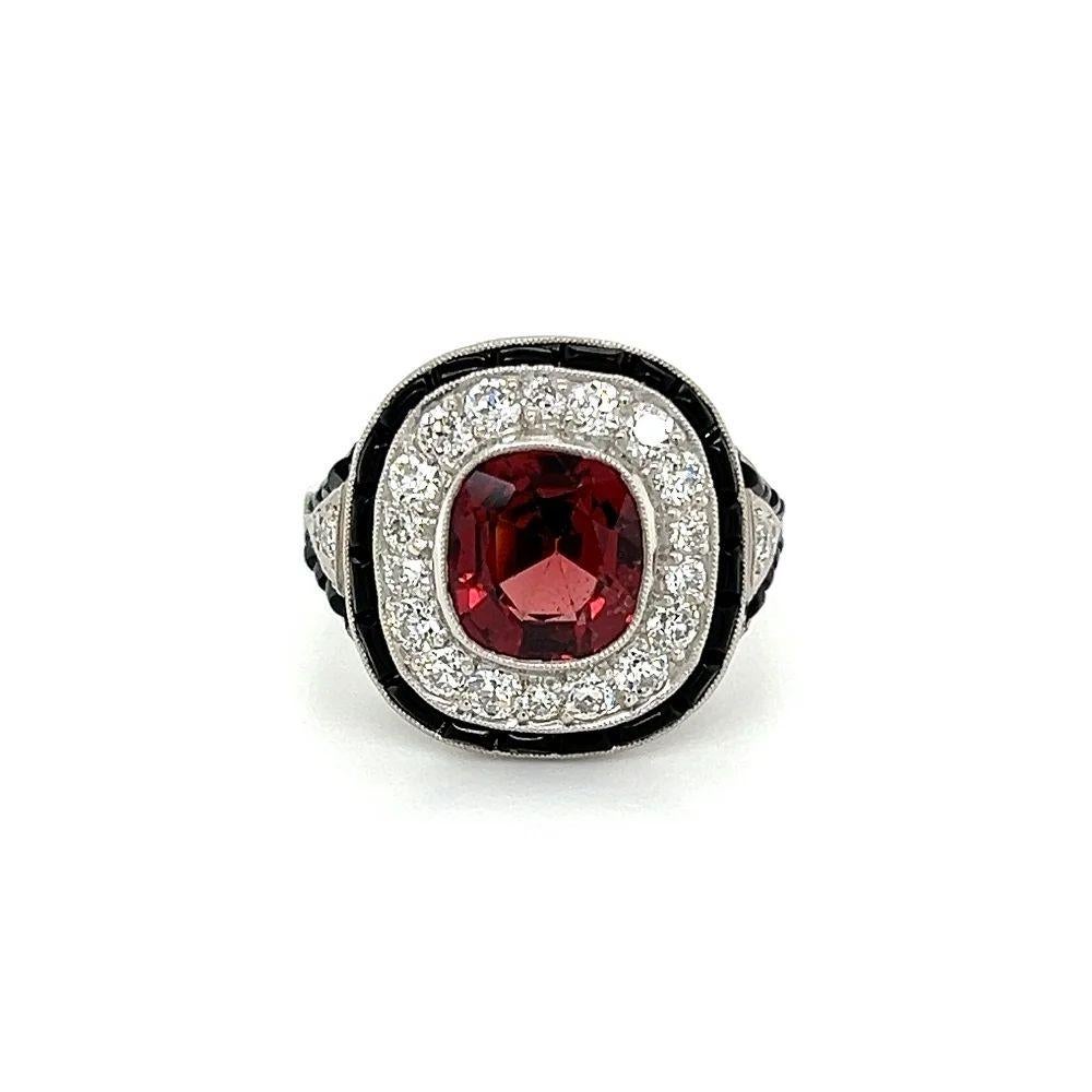 Mixed Cut Vintage 2.51 Carat GIA NO HEAT Red Spinel Diamond Onyx Platinum Cocktail Ring For Sale