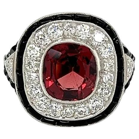 Vintage 2.51 Carat GIA NO HEAT Red Spinel Diamond Onyx Platinum Cocktail Ring For Sale