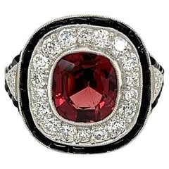 Bague cocktail vintage de 2,51 carats, certifiée GIA, non chauffée, avec spinelle rouge, diamant et onyx