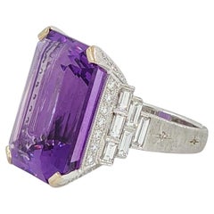 Vintage 25.12 Carats74 Amethyst Diamond Ring Set in 18 Karat Engraved White Gold