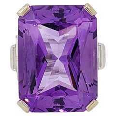 Vintage 25.12 Carats74 Amethyst Diamond Ring Set in 18 Karat Engraved White Gold