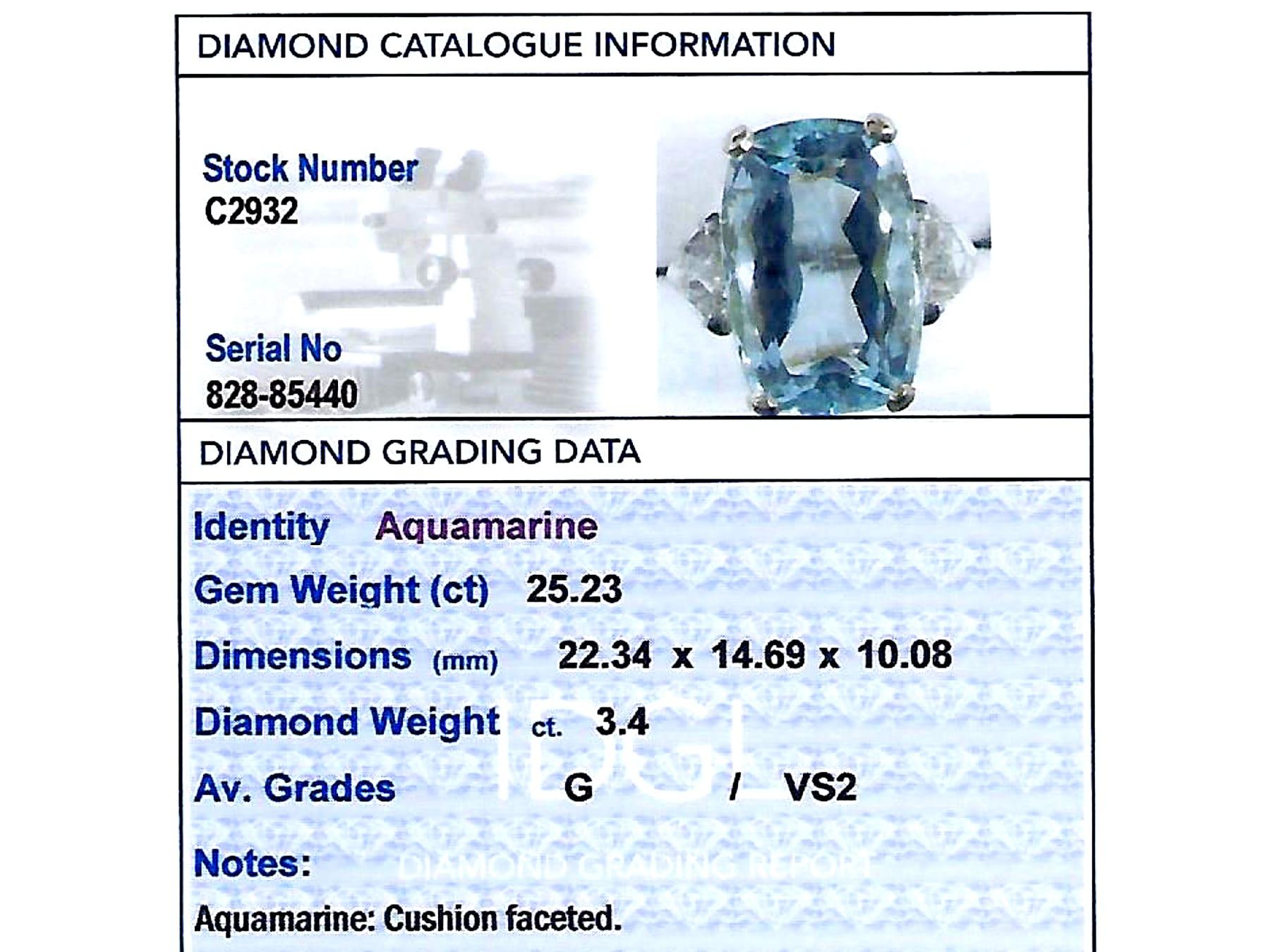 Vintage 25.32 Carat Aquamarine and 3.40 Carat Diamond Platinum Cocktail Ring For Sale 4