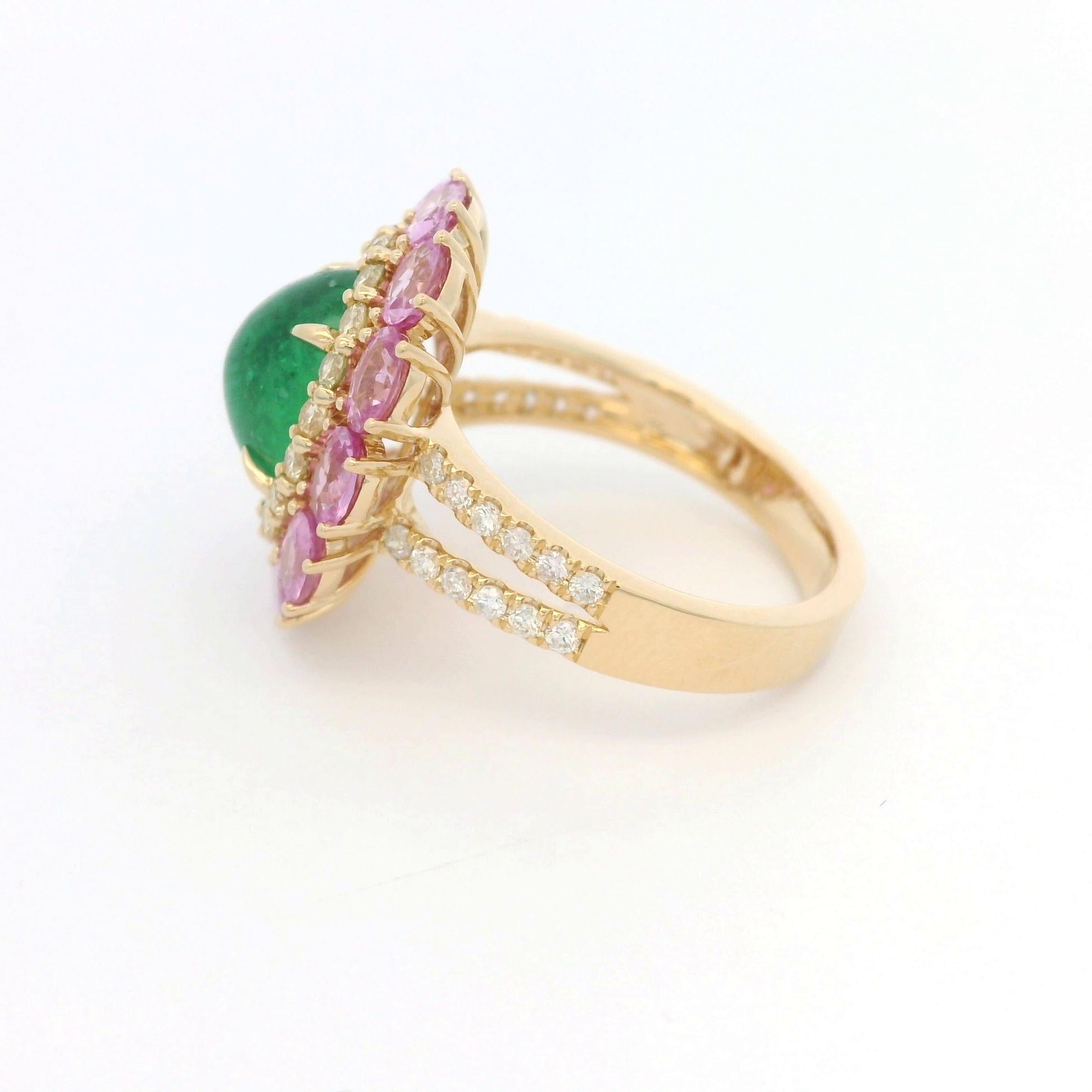 Vintage 2.53Ct Emerald Ring and fancy Diamond Pink Sapphire in 18K Yellow Gold 4