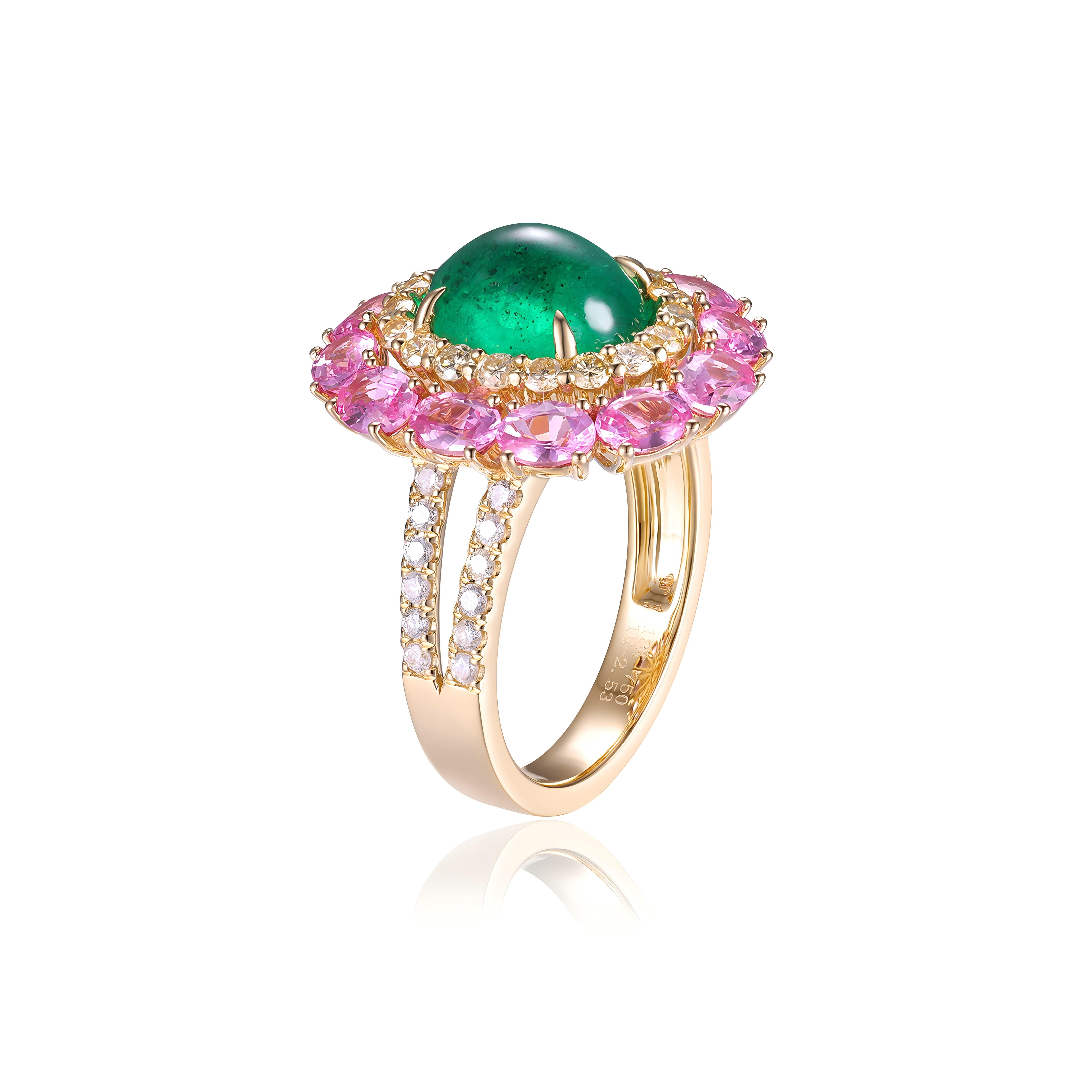 Vintage 2.53Ct Emerald Ring and fancy Diamond Pink Sapphire in 18K Yellow Gold 2