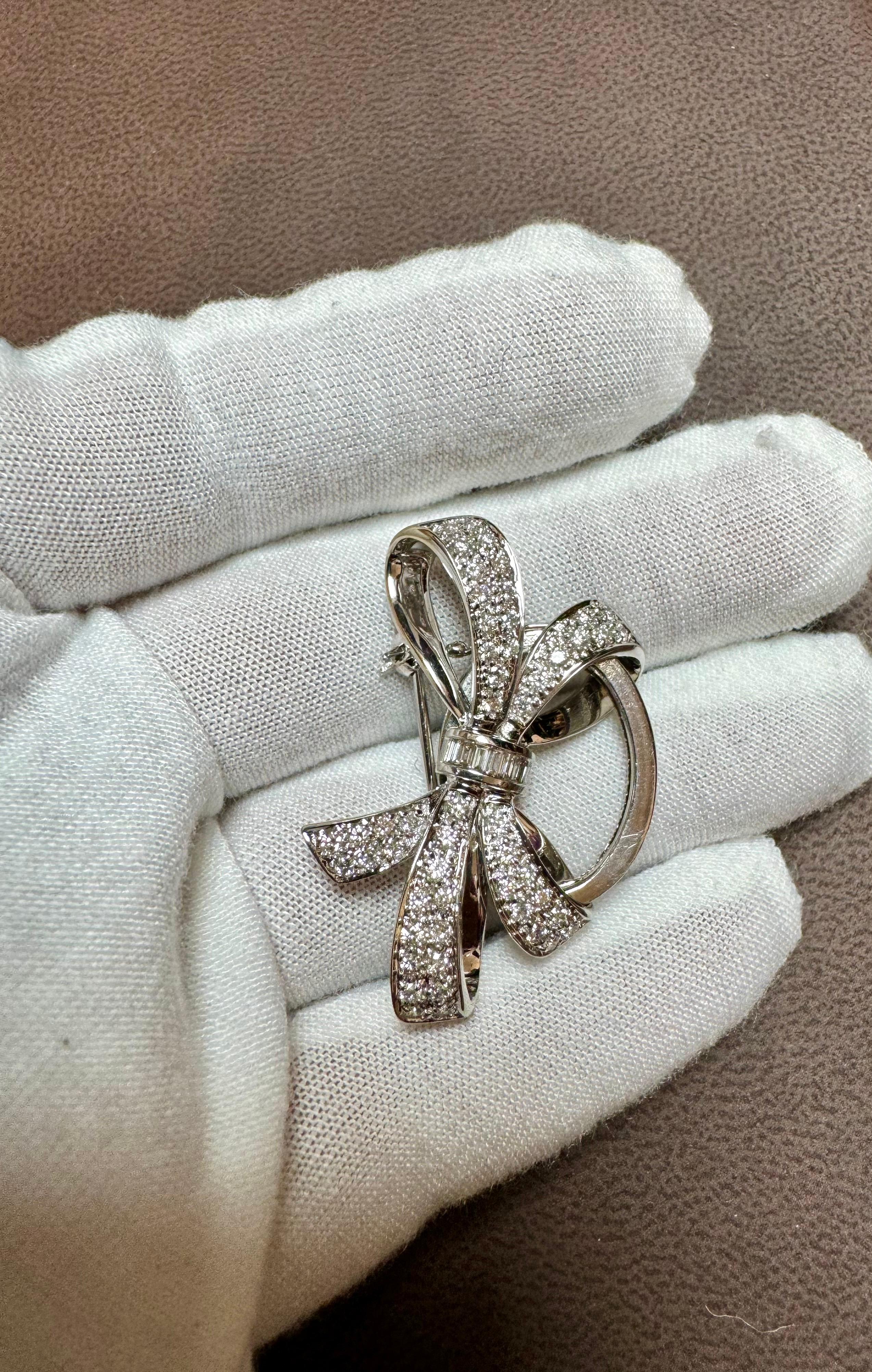 Vintage 2.55 Ct Diamond Bow Brooch Pin /Pendant in 18 K White Gold For Sale 5