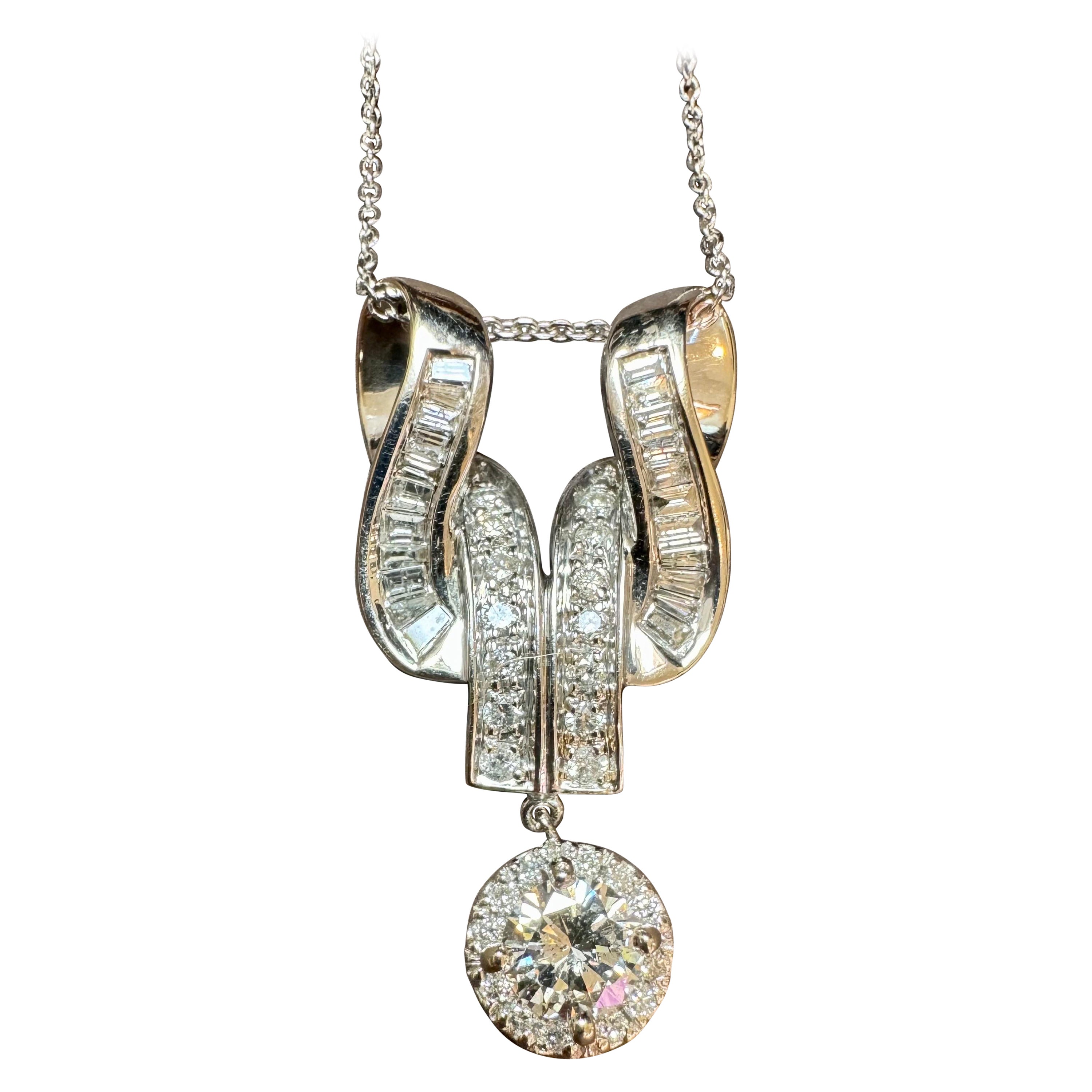 Colgante vintage de oro blanco de 14 quilates con diamante solitario de 2,55 quilates y diamante de 0,90 quilates