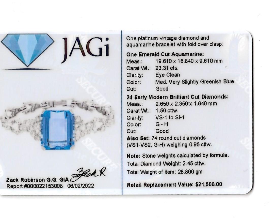 Vintage 25.76 Carat Total Blue Aquamarine and Diamond Bracelet in Platinum For Sale 12