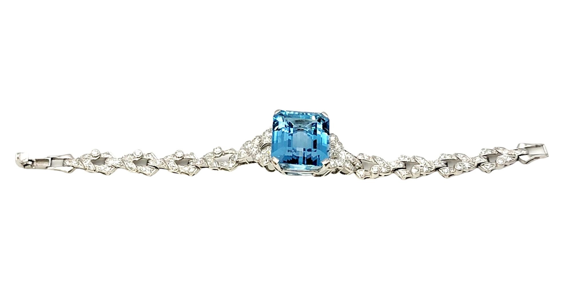 Emerald Cut Vintage 25.76 Carat Total Blue Aquamarine and Diamond Bracelet in Platinum For Sale