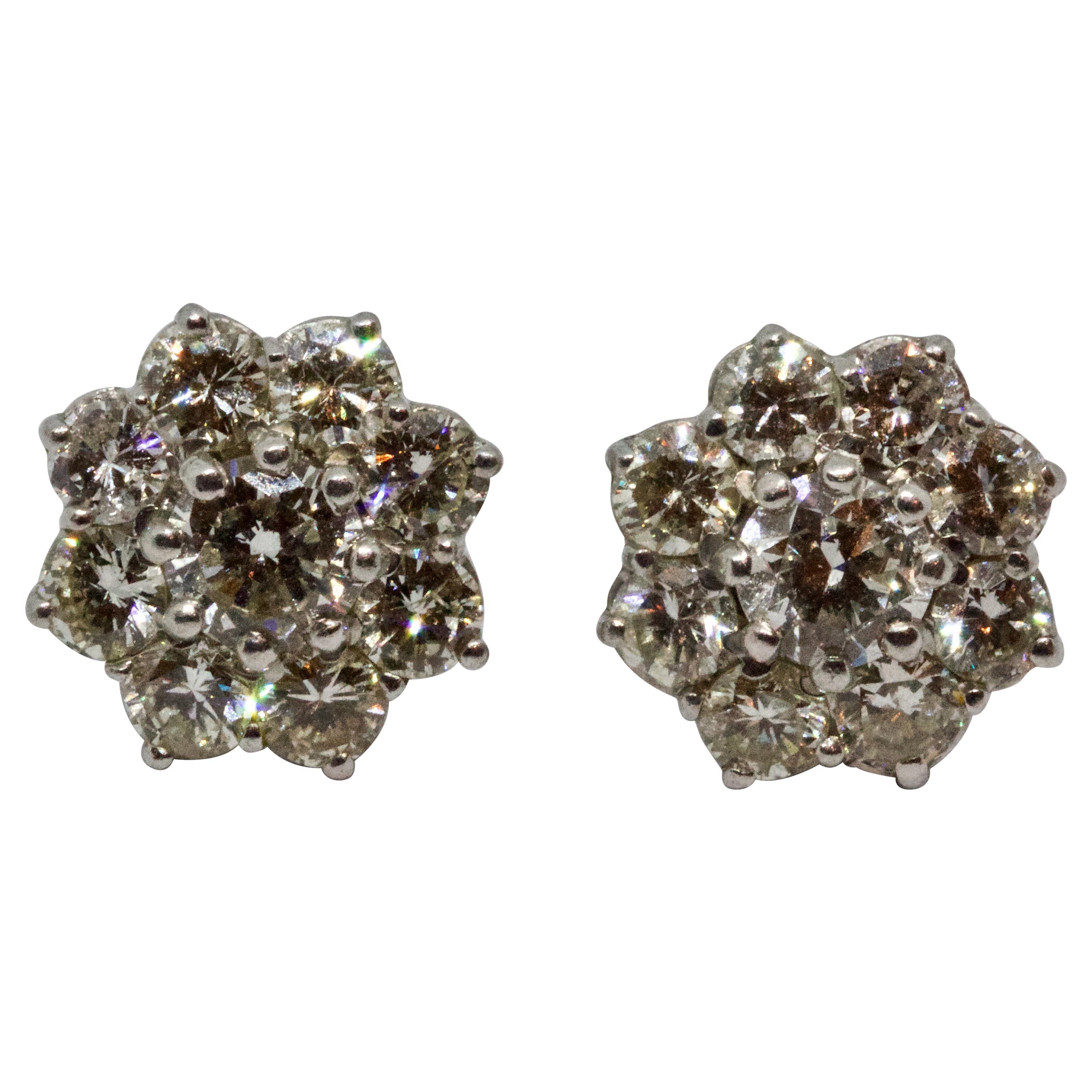Vintage 2.6 Carat Diamond White Gold Flower Stud Earrings