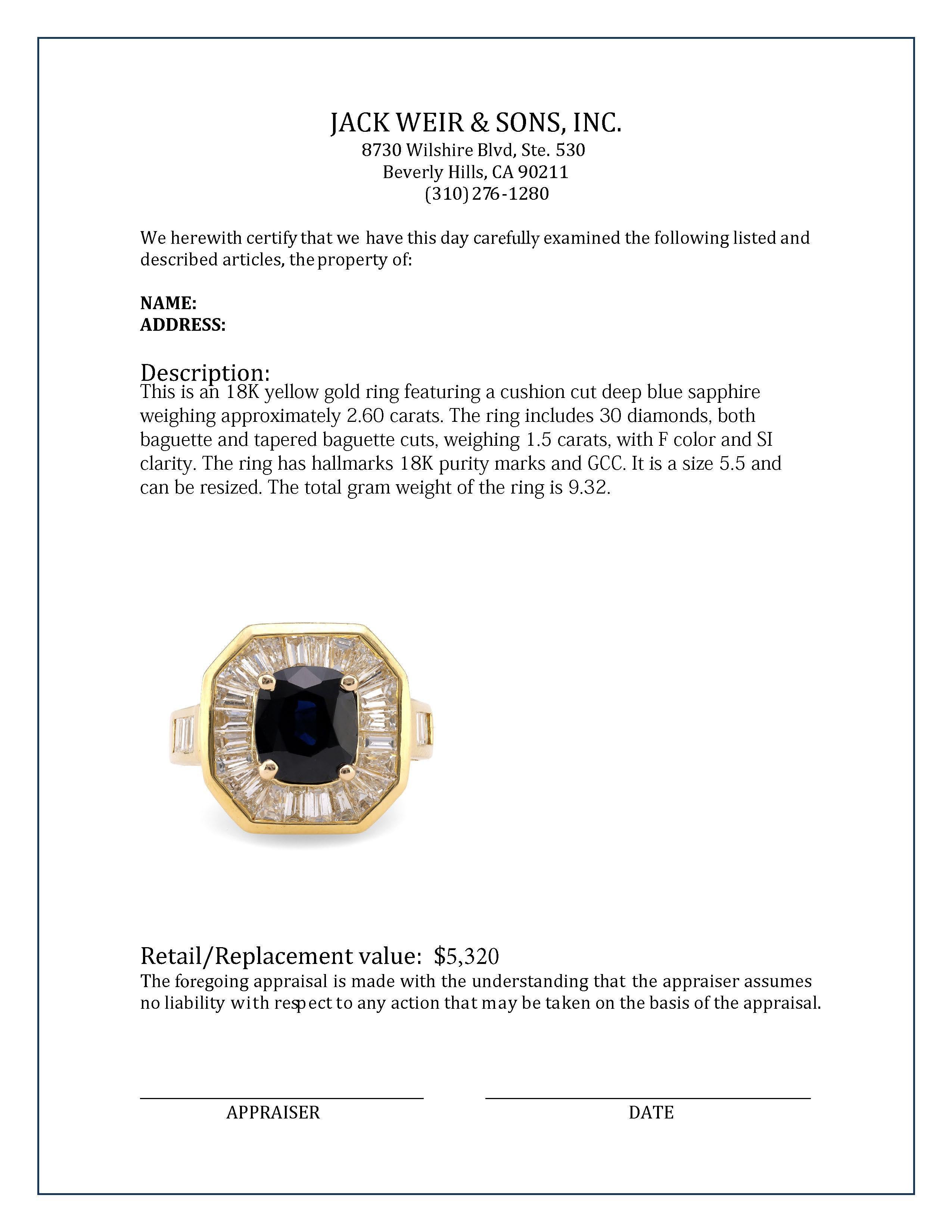 18 Karat Gelbgold Cocktail-Ring mit 2,60 Karat Saphir im Kissenschliff und Diamant 1