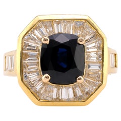 18 Karat Gelbgold Cocktail-Ring mit 2,60 Karat Saphir im Kissenschliff und Diamant