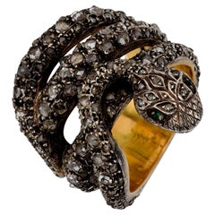 Anillo vintage de serpiente de plata y oro amarillo de 18 quilates con diamantes de 2,60 quilates