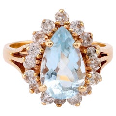 Vintage 2.60 carat pear cut aquamarine diamond 14k yellow gold cluster ring