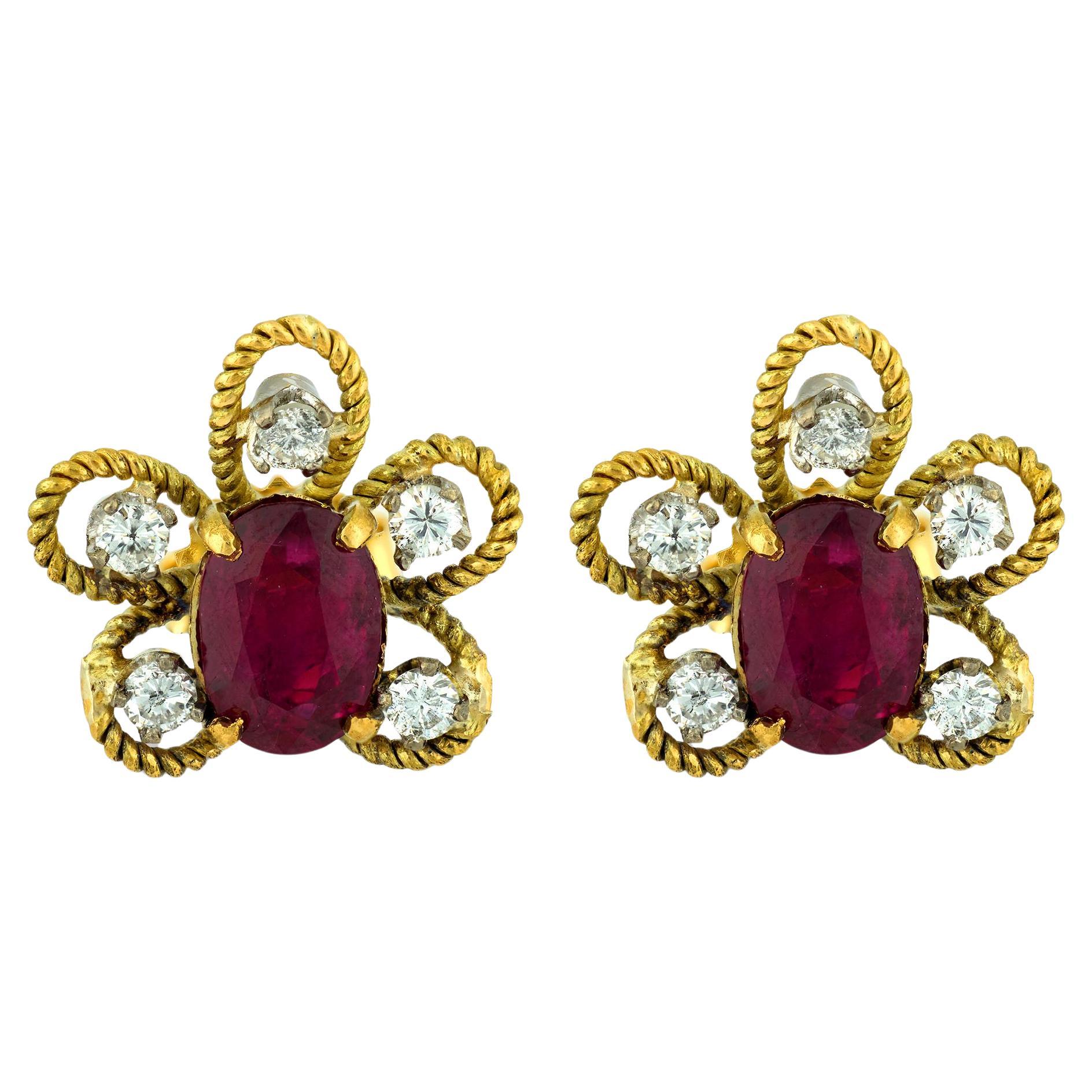 Vintage 2.60 carat ruby diamond 18k gold earrings For Sale