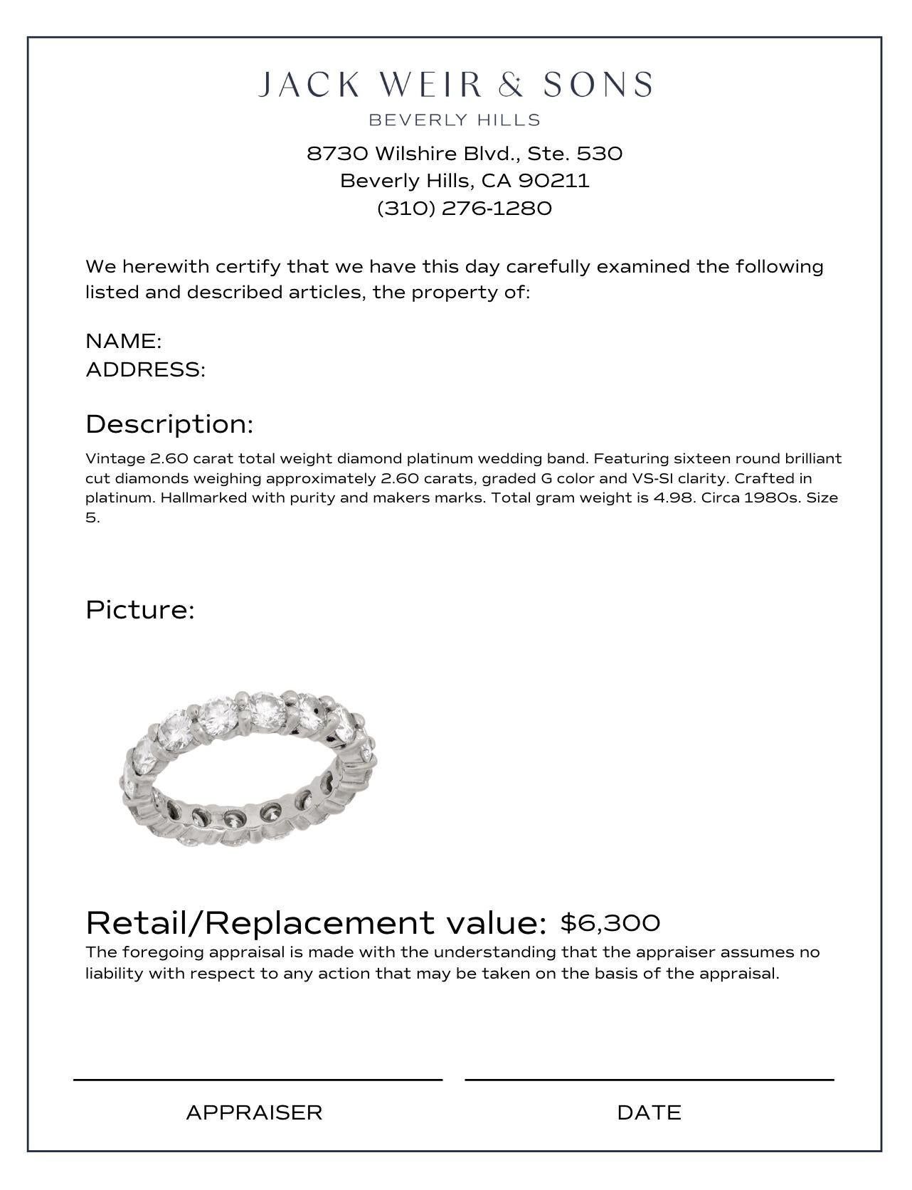 Alliance vintage en platine avec diamants d'un poids total de 2,60 carats Pour femmes en vente
