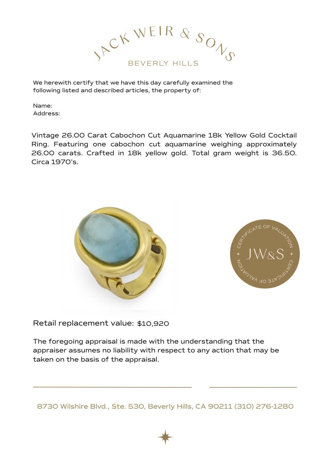 Anello cocktail vintage in oro giallo 18k con acquamarina taglio cabochon da 26,00 carati in vendita 1