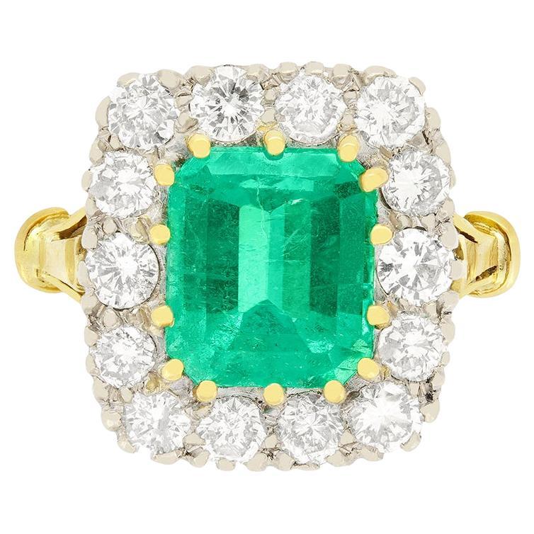 Vintage 2.60 Carat Emerald and Diamond Cluster Ring, circa 1970s