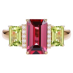 Anello vintage con granato e peridoto e diamanti da 2,61 carati in oro giallo 14 carati
