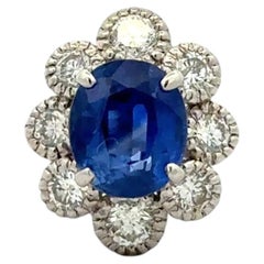Vintage 2.62 Carat Oval Blue Sapphire GIA and Diamond Platinum Ring Estate Fine