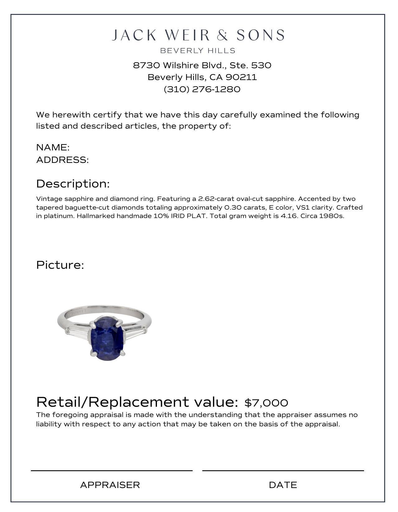 Anello vintage in platino con zaffiro e diamante da 2,62 carati In condizioni ottime in vendita a Beverly Hills, CA