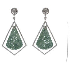 Vintage 26.3ct Jadeite Diamond Drop Earrings in 18 Karat White Gold