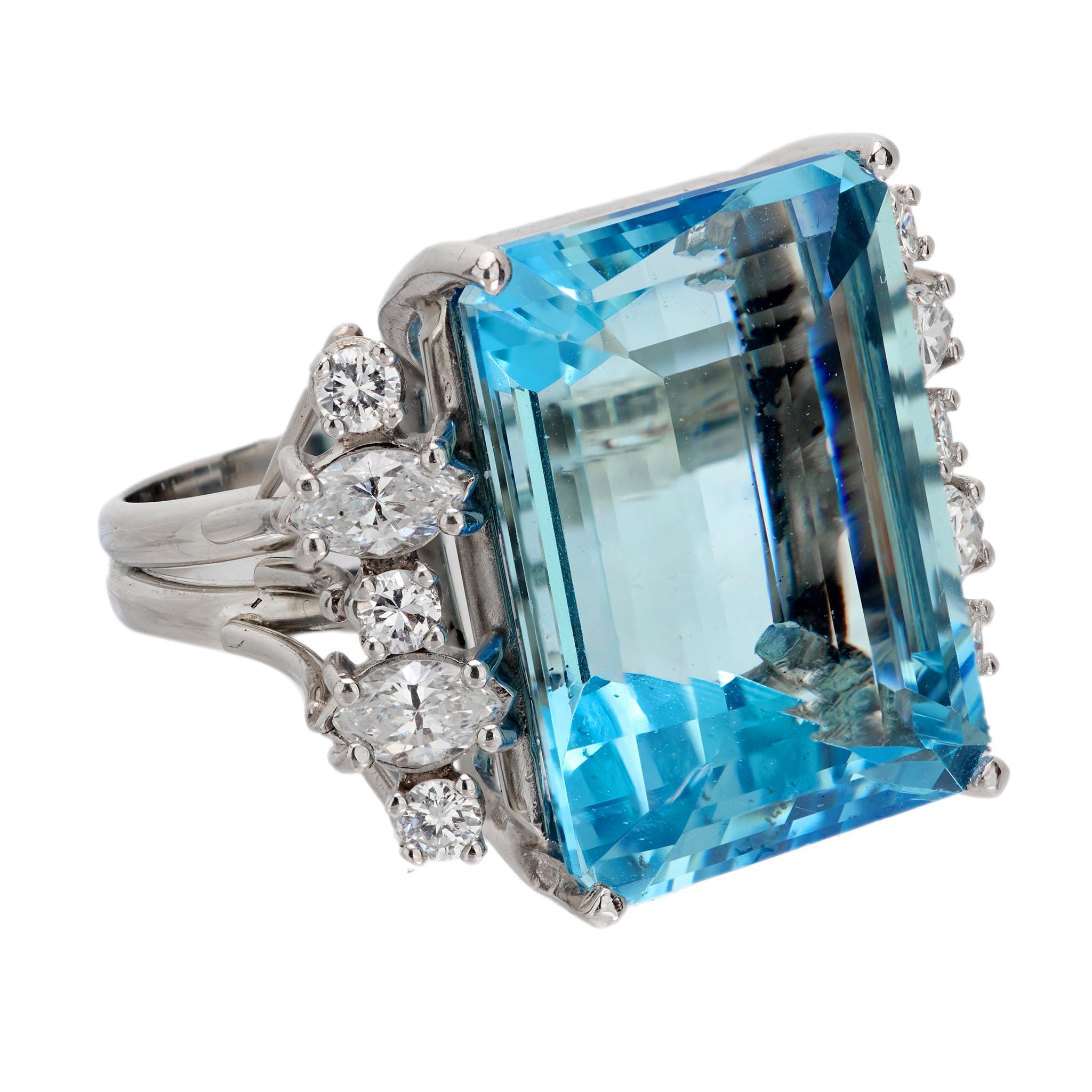 Emerald Cut Vintage 26.41 carat aquamarine diamond platinum cocktail ring