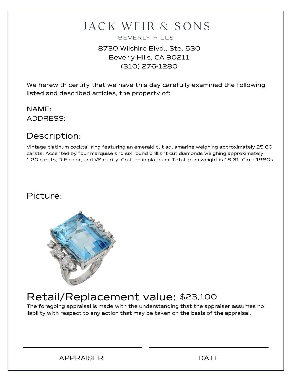 Vintage 26.41 carat aquamarine diamond platinum cocktail ring In Good Condition In Beverly Hills, CA