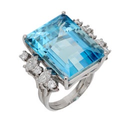 Vintage 26.41 carat aquamarine diamond platinum cocktail ring