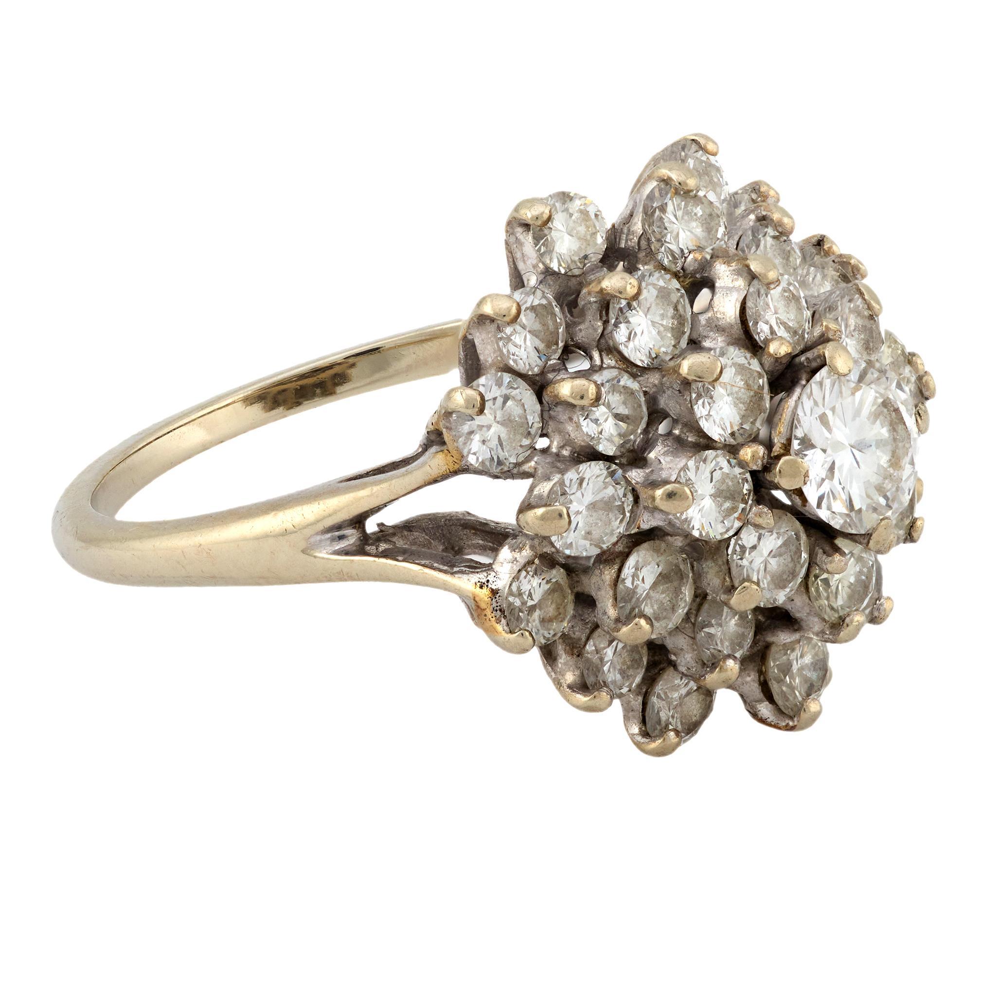 Modern Vintage 2.65 carat diamond 14k white gold triple cluster ring For Sale