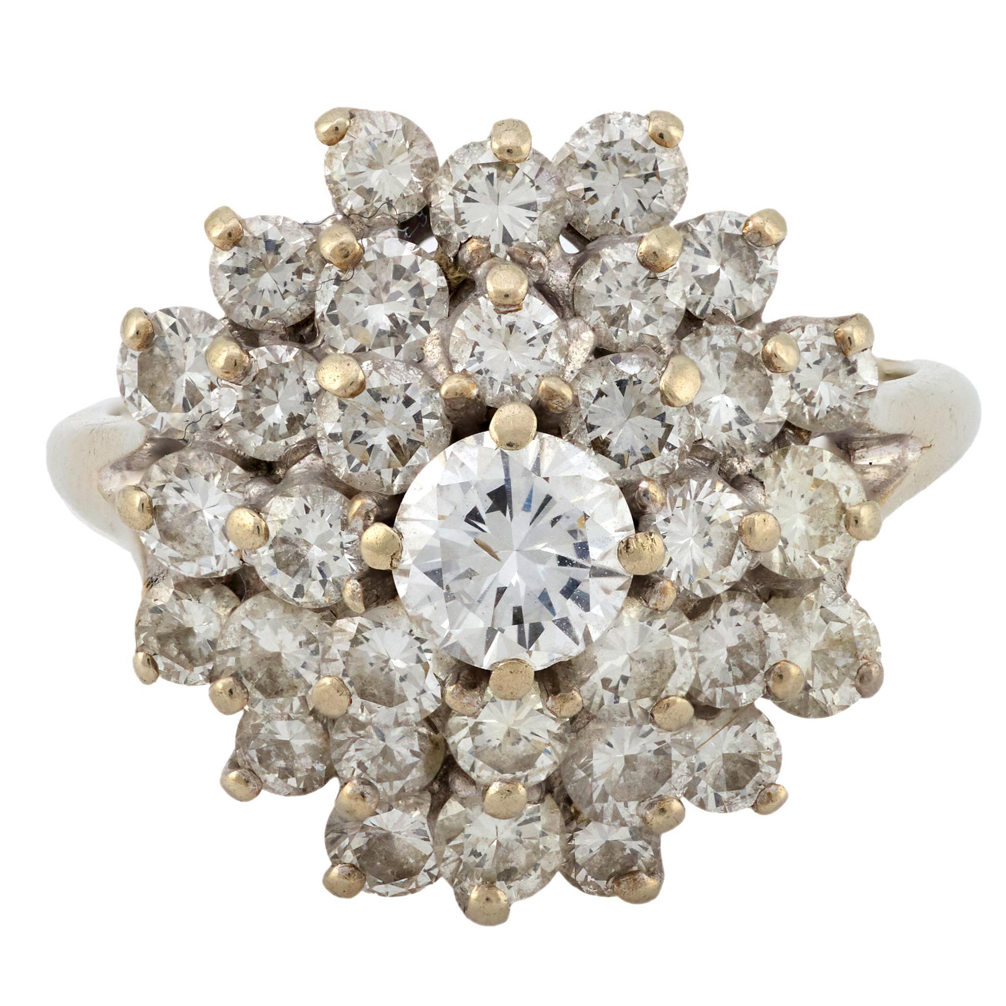 Brilliant Cut Vintage 2.65 carat diamond 14k white gold triple cluster ring For Sale