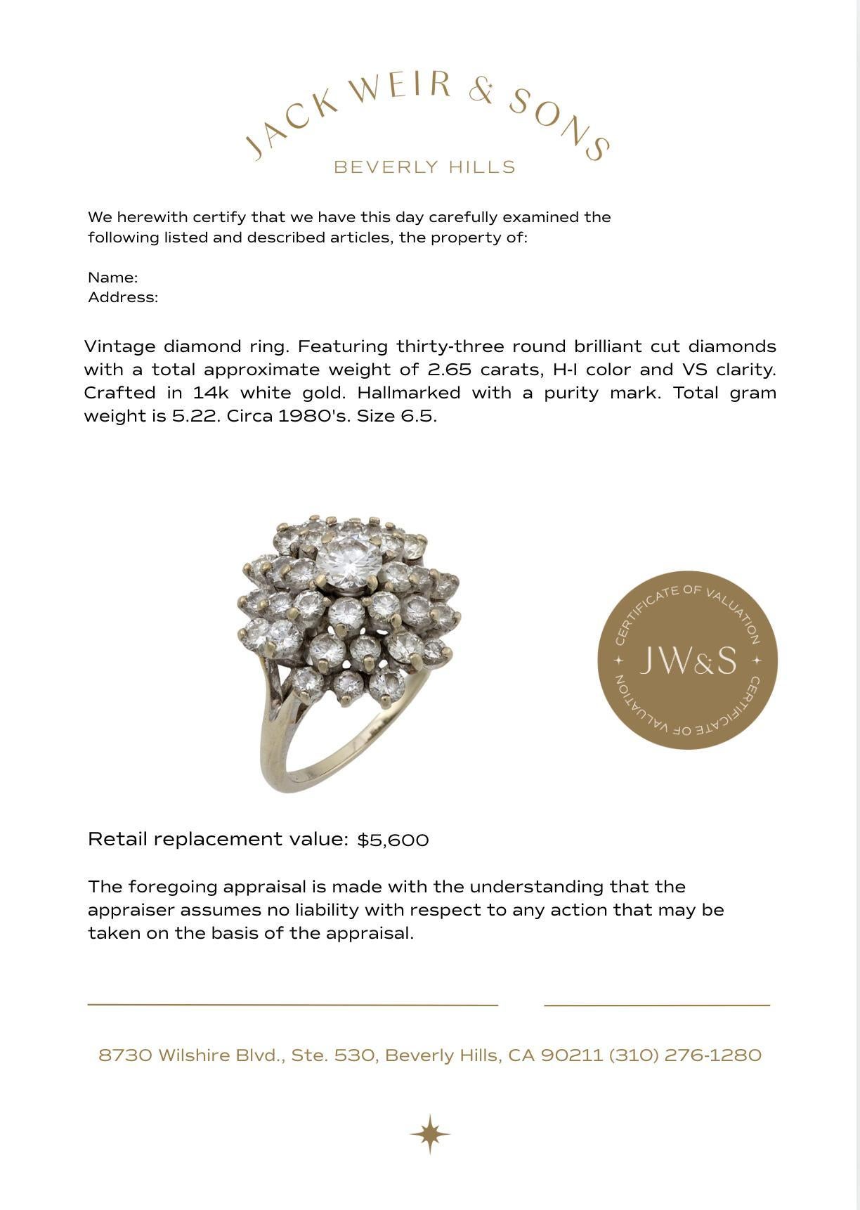 Vintage 2.65 carat diamond 14k white gold triple cluster ring In Good Condition For Sale In Beverly Hills, CA