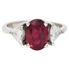 Vintage 2.65 Carats Burma Ruby Diamond Platinum Three Stone Ring GIA