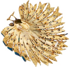 Vintage 2.65 Carat Diamonds Brooch Pin Peacock Enamel 18 Karat Yellow Gold
