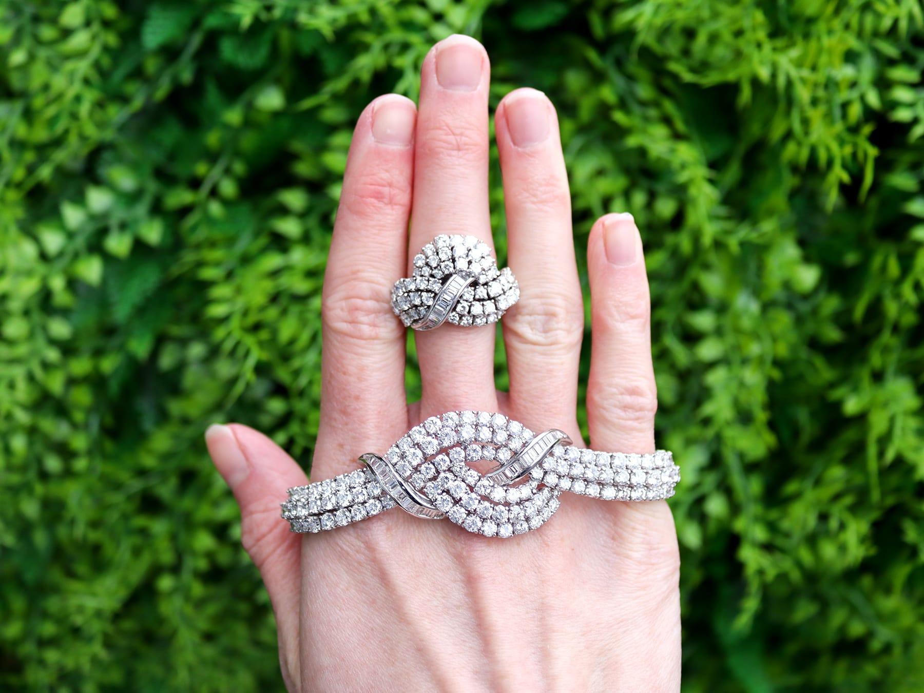 A magnificent, fine and impressive vintage 26.98 carat diamond and 18 karat white gold jewelry set of a bracelet and a ring; part of our diverse diamond jewelry collections.

This magnificent, fine and impressive vintage jewelry set has been crafted