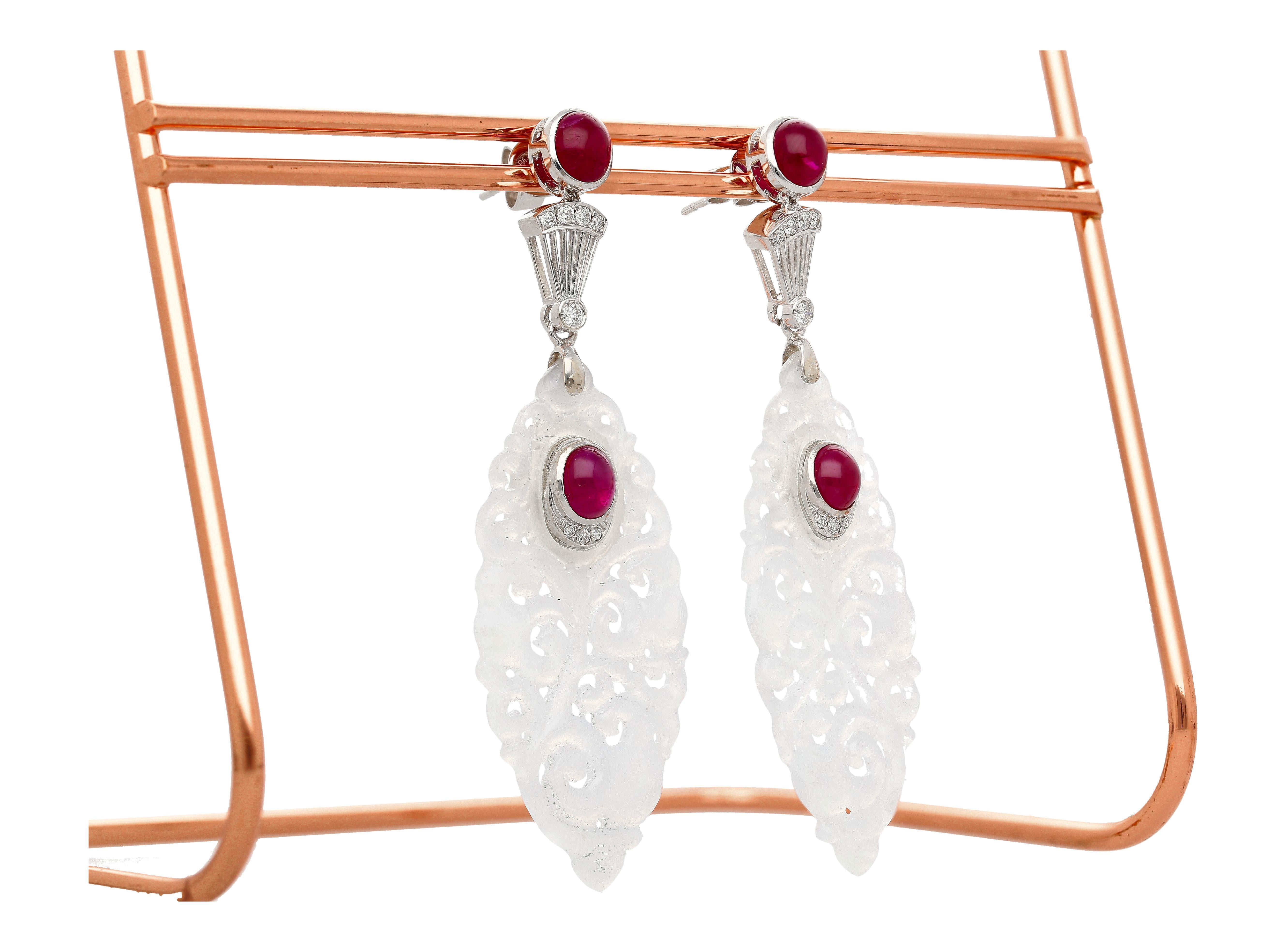 Cabochon Vintage 27 Carat Carved Grade A Lavender Jade Rubies & Diamond Drop Earrings For Sale