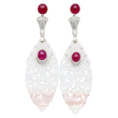 Vintage 27 Carat Carved Grade A Lavender Jade Rubies & Diamond Drop Earrings
