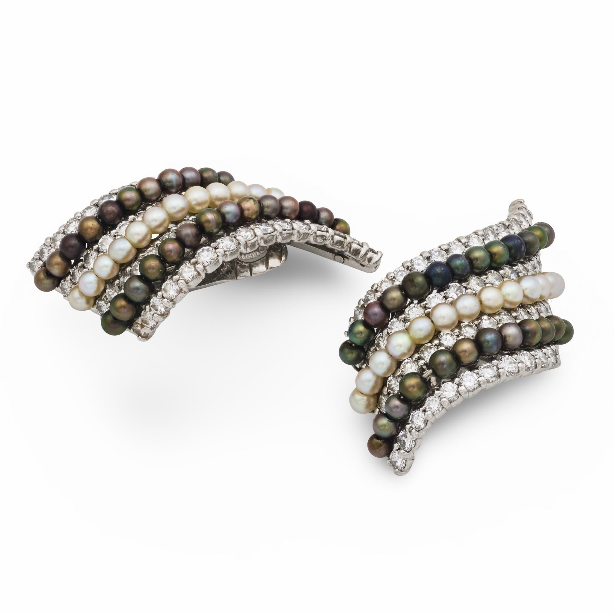 Pendientes vintage de oro blanco de 18 quilates con perlas de dos tonos y diamantes de 2,70 quilates en Bueno estado para la venta en Beverly Hills, CA