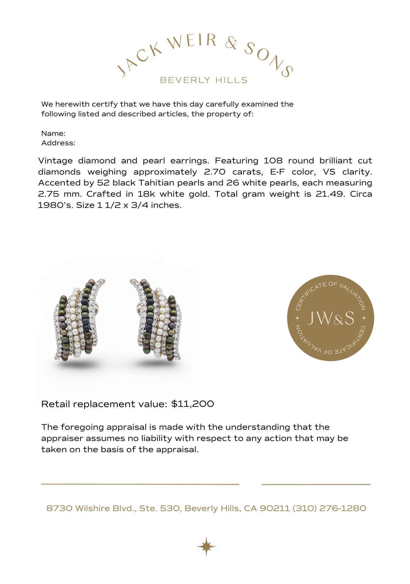 Pendientes vintage de oro blanco de 18 quilates con perlas de dos tonos y diamantes de 2,70 quilates en venta 1