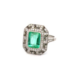 Vintage 2.70 Carat Emerald-Cut Emerald and Diamond Platinum Filigree Ring