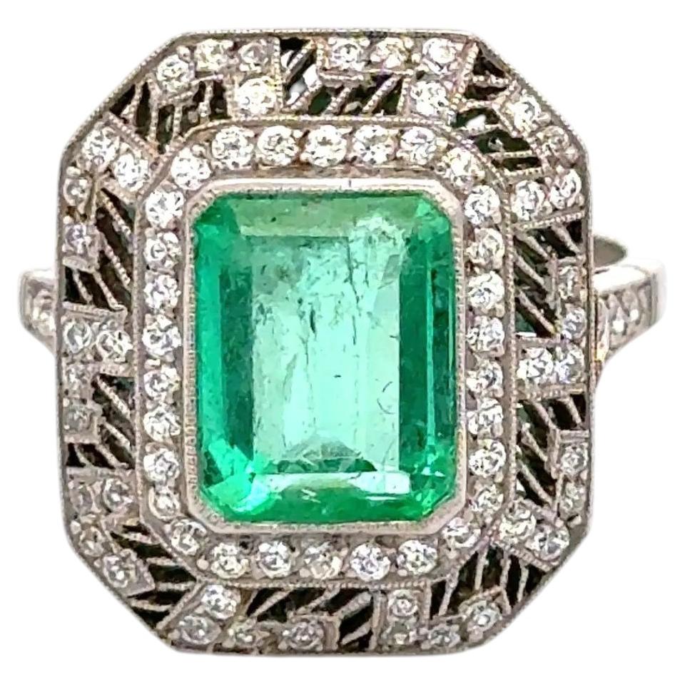 Vintage 2.70 Carat Emerald-Cut Emerald and Diamond Platinum Filigree Ring For Sale