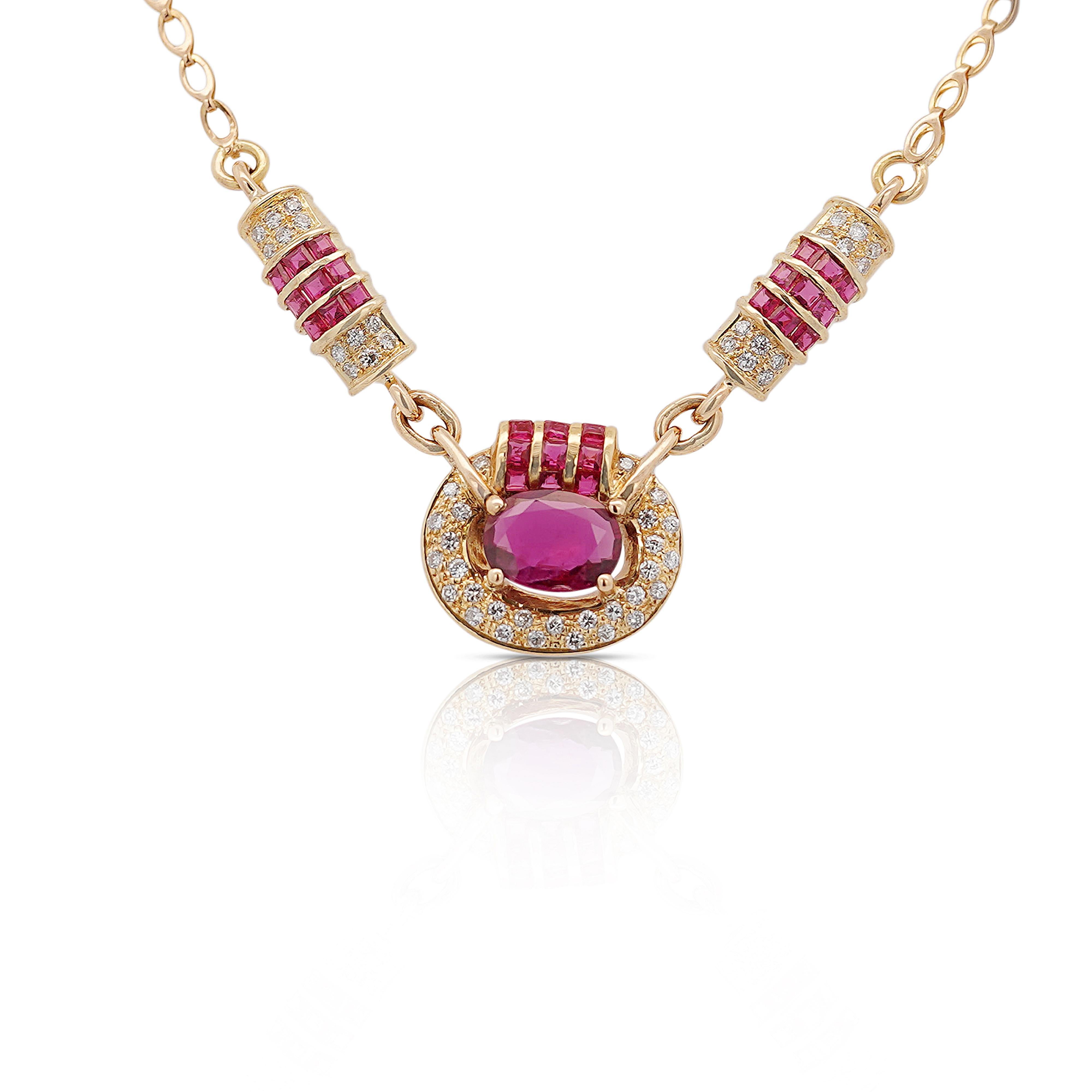 Retro-Halskette aus 14K Gelbgold mit 2,70 Karat Rubin im Ovalschliff und Diamanten im Vintage-Stil Damen im Angebot