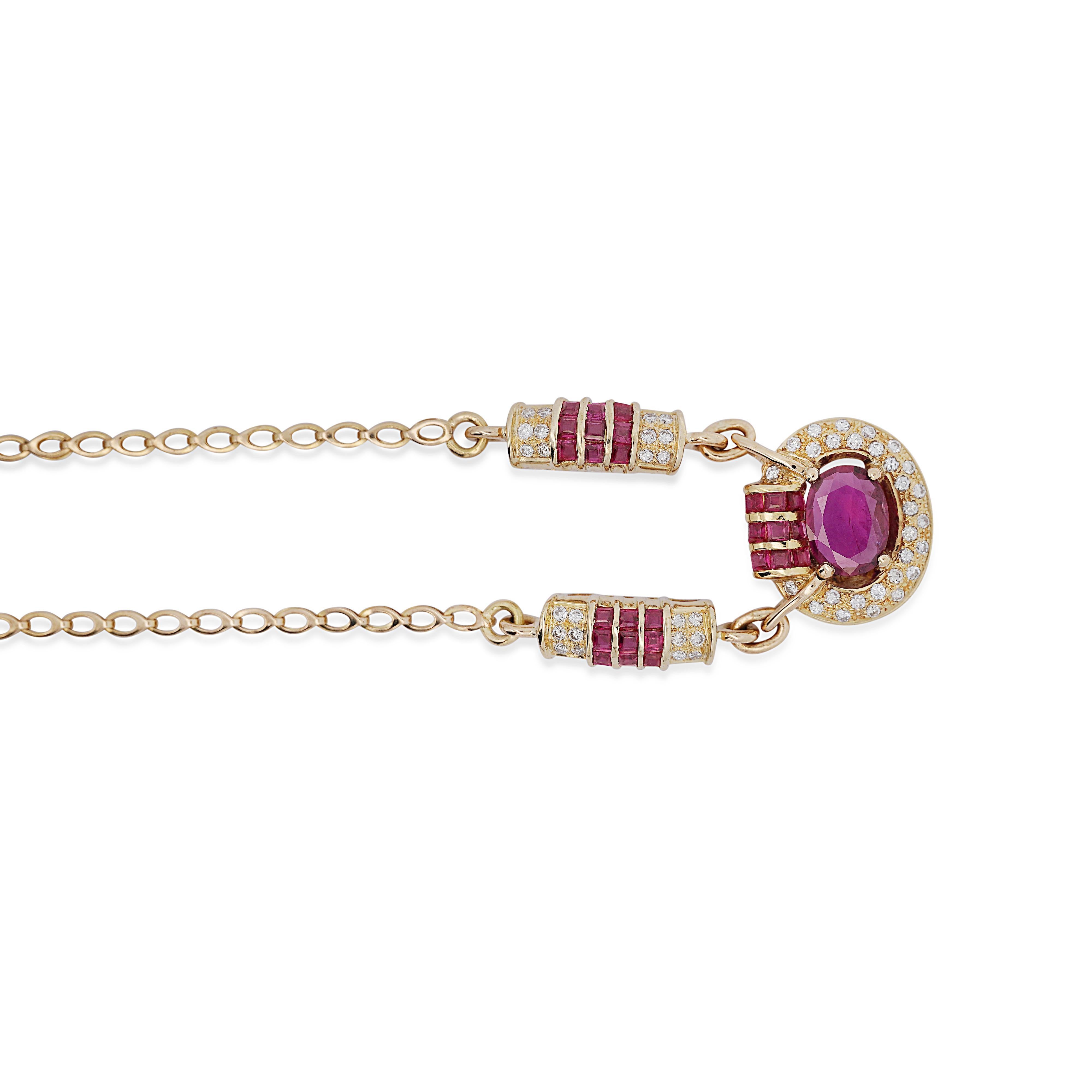 Retro-Halskette aus 14K Gelbgold mit 2,70 Karat Rubin im Ovalschliff und Diamanten im Vintage-Stil im Angebot 1