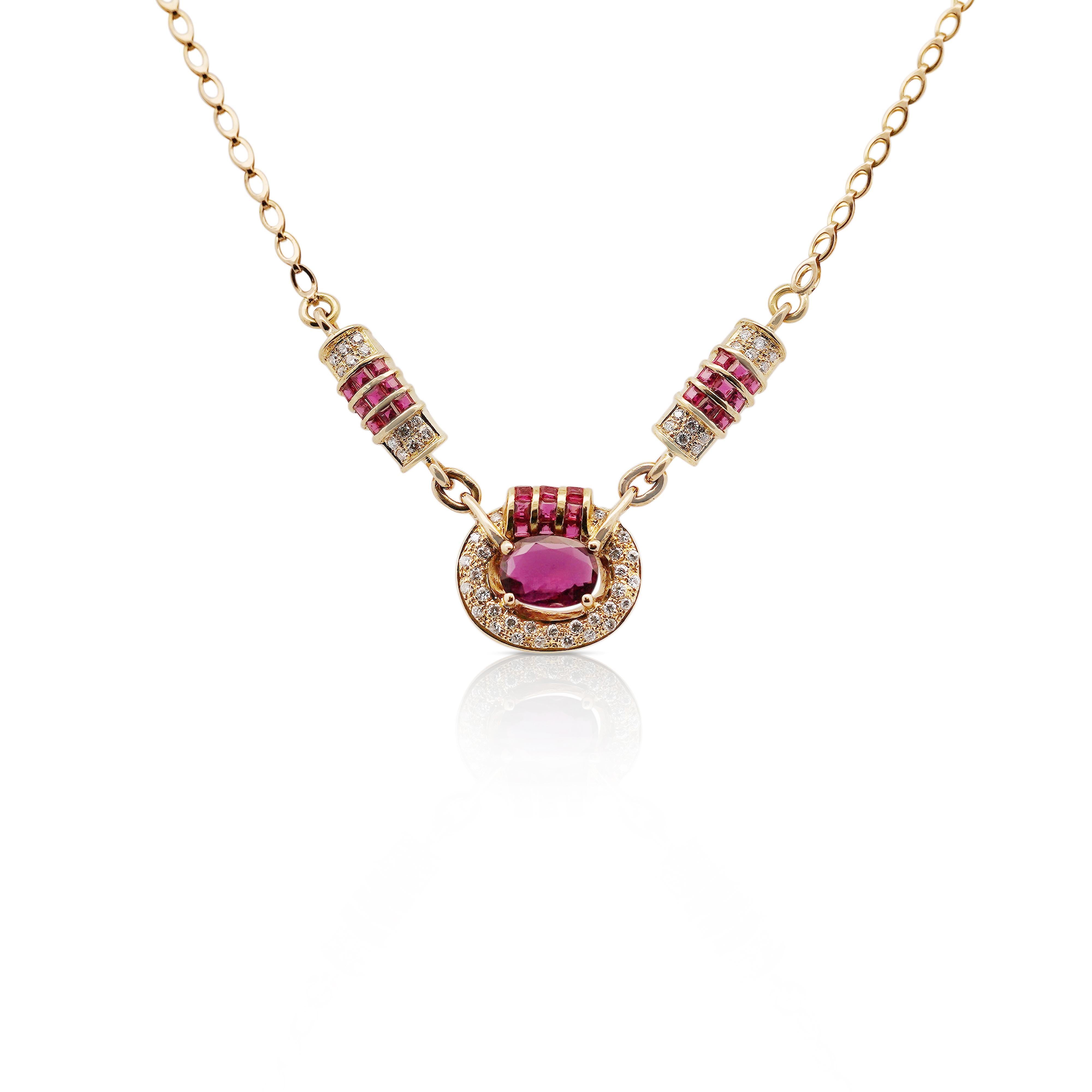 Retro-Halskette aus 14K Gelbgold mit 2,70 Karat Rubin im Ovalschliff und Diamanten im Vintage-Stil im Angebot 2