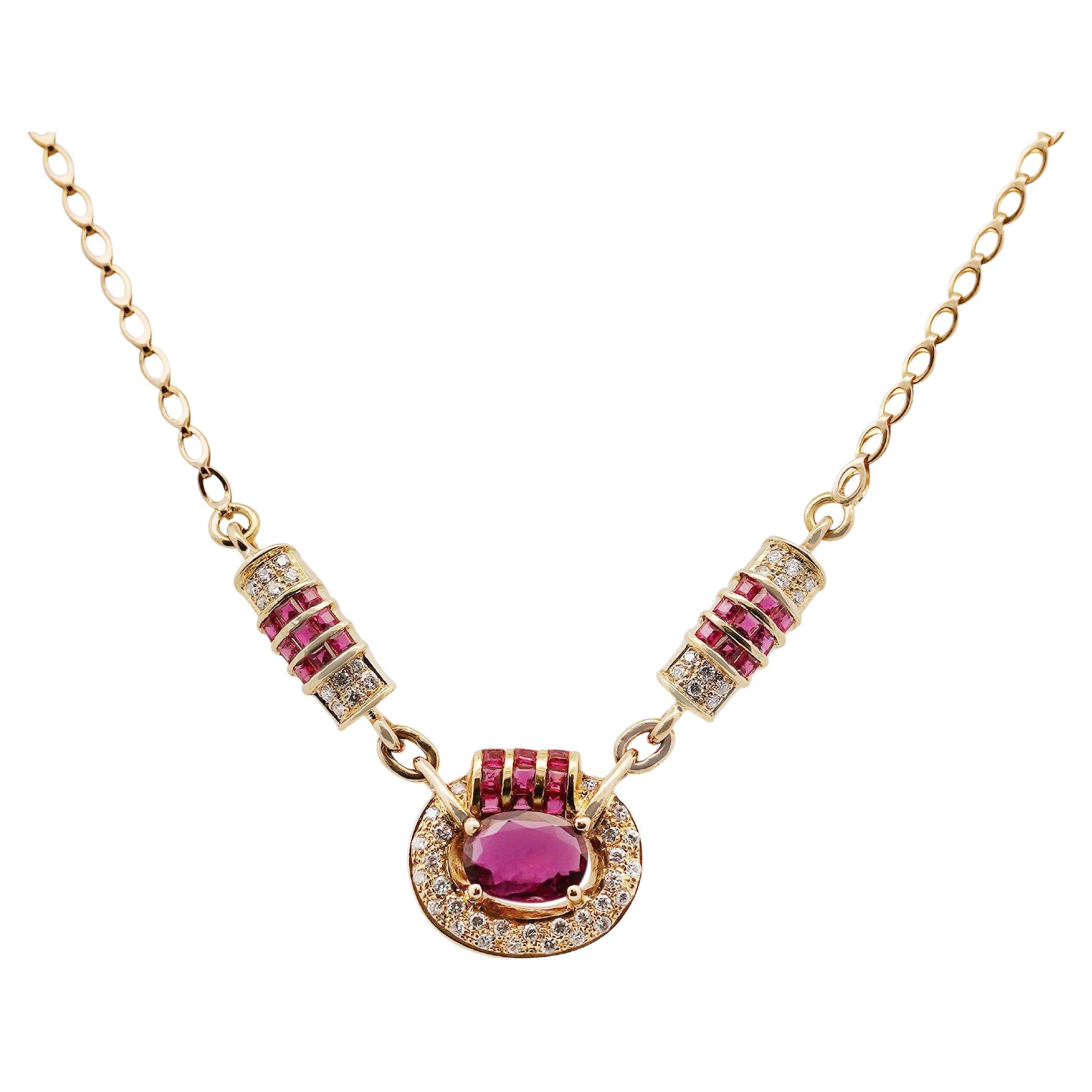 Retro-Halskette aus 14K Gelbgold mit 2,70 Karat Rubin im Ovalschliff und Diamanten im Vintage-Stil