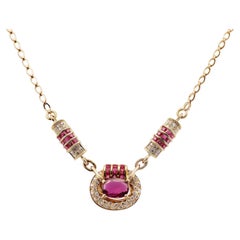 Retro-Halskette aus 14K Gelbgold mit 2,70 Karat Rubin im Ovalschliff und Diamanten im Vintage-Stil