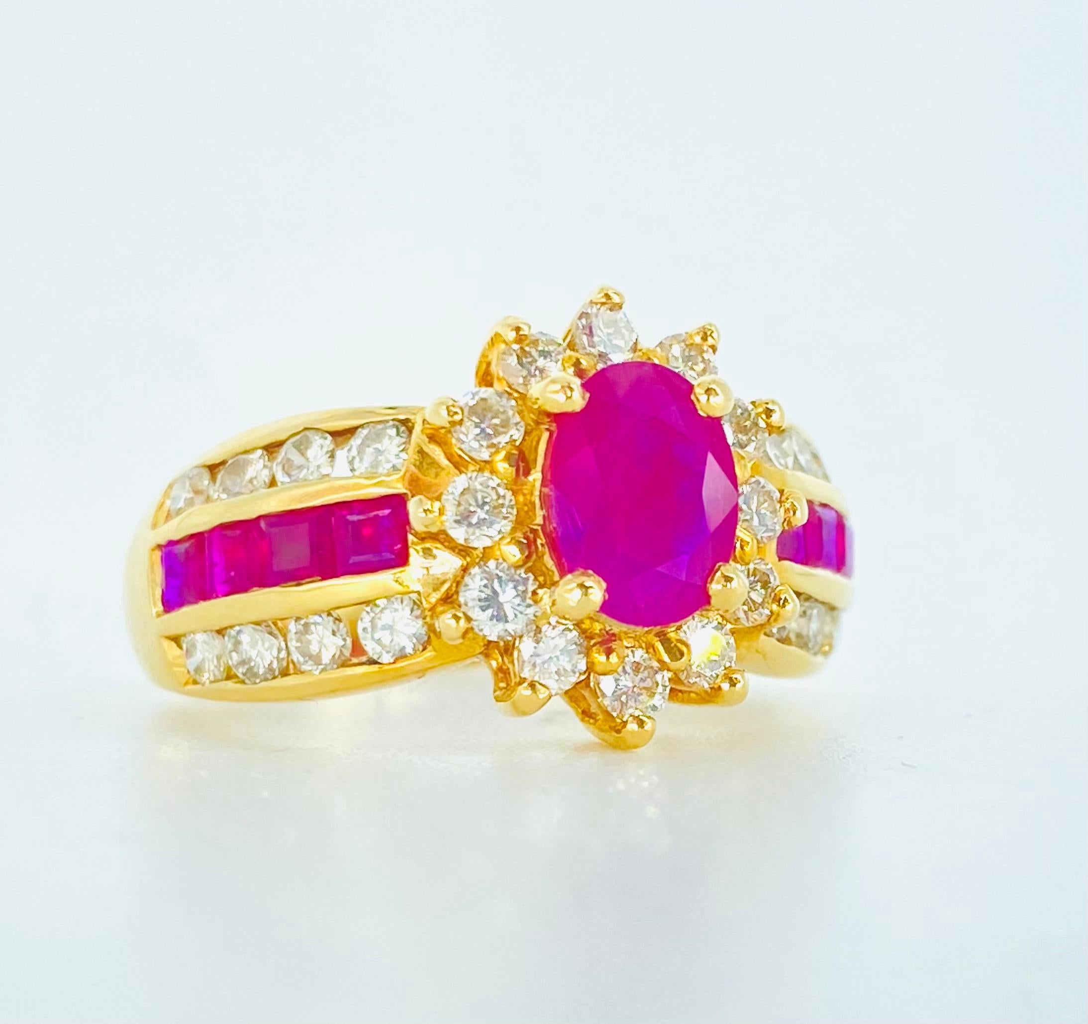 Vintage 2.70 Carat Ruby and Diamonds Engagement Ring 14k Gold. 
What a beauty!
This ring features approx 1.60 carat in total weight for the Rubys and approx 1.10 carat in diamonds. The ring is a size 7.5 and measures 12.5mm in height. The ring is