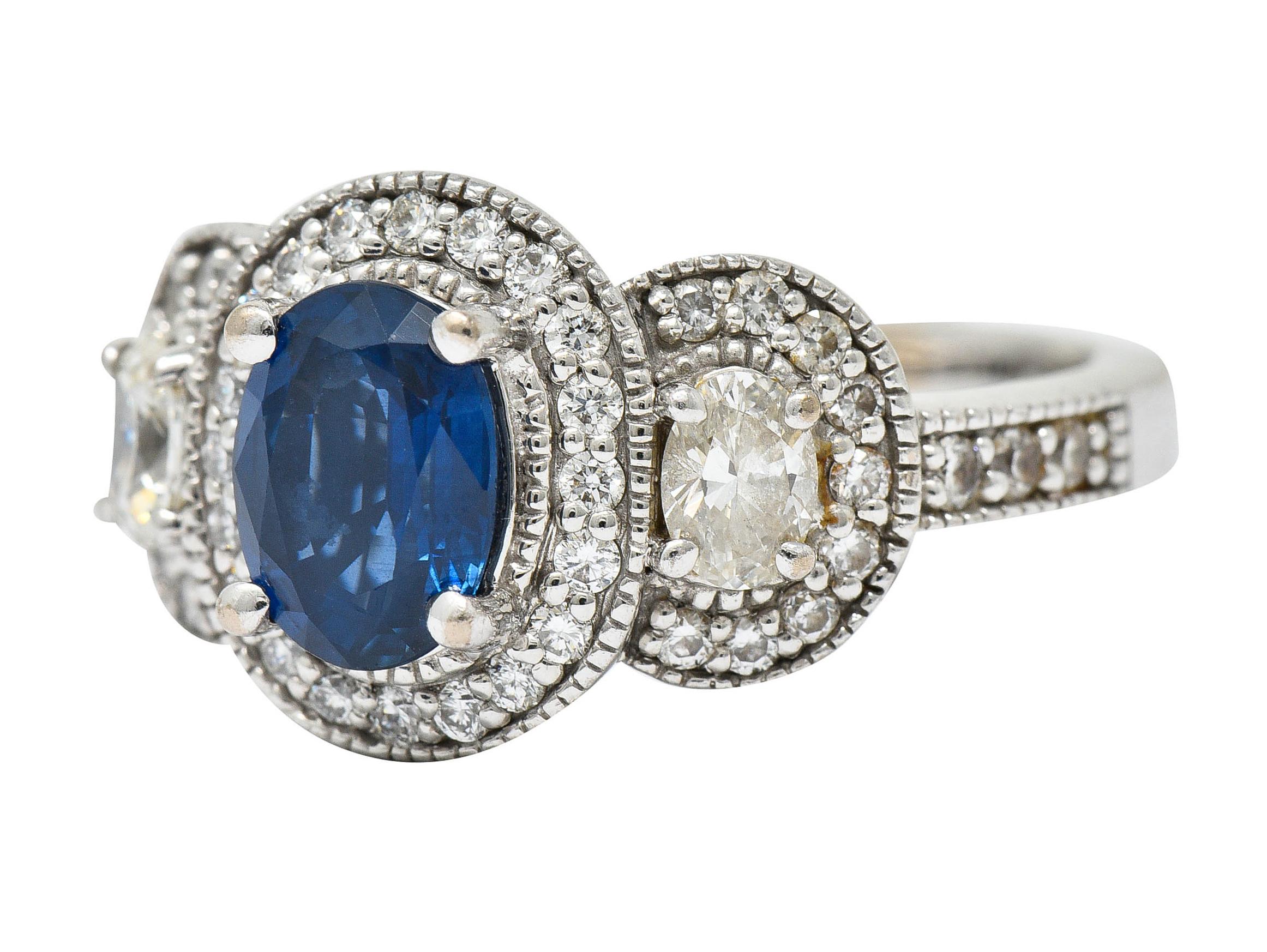 Women's or Men's Vintage 2.70 Carats Sapphire Diamond 18 Karat White Gold Triple Cluster Ring