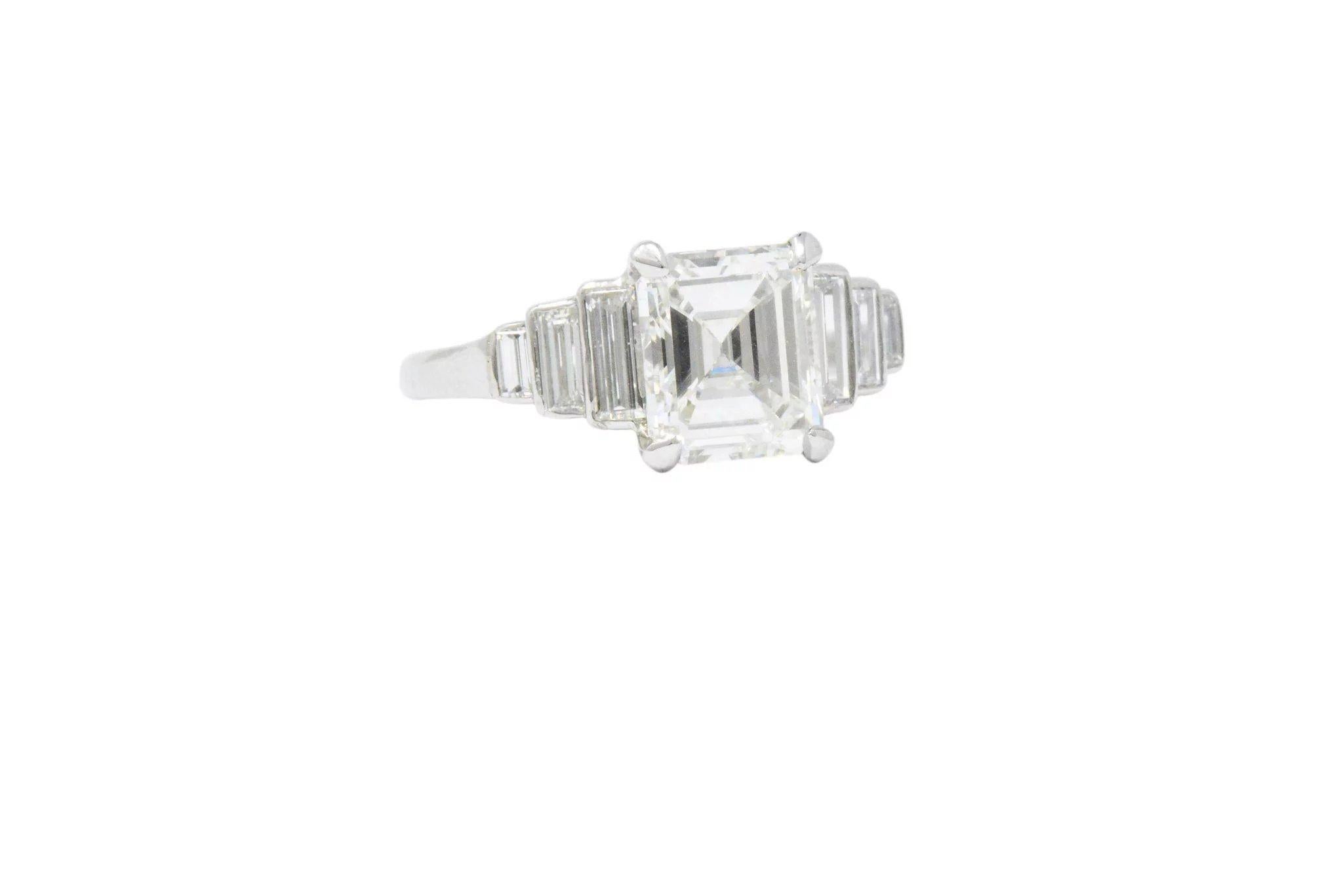 Retro 2.71 Carats Emerald Cut Diamond Platinum Engagement Ring GIA In Excellent Condition In Philadelphia, PA
