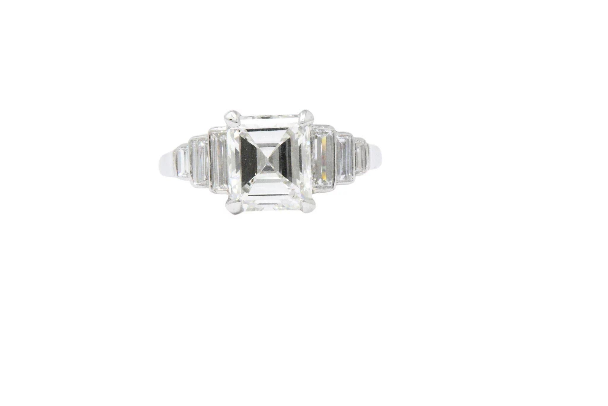 Retro 2.71 Carats Emerald Cut Diamond Platinum Engagement Ring GIA 1