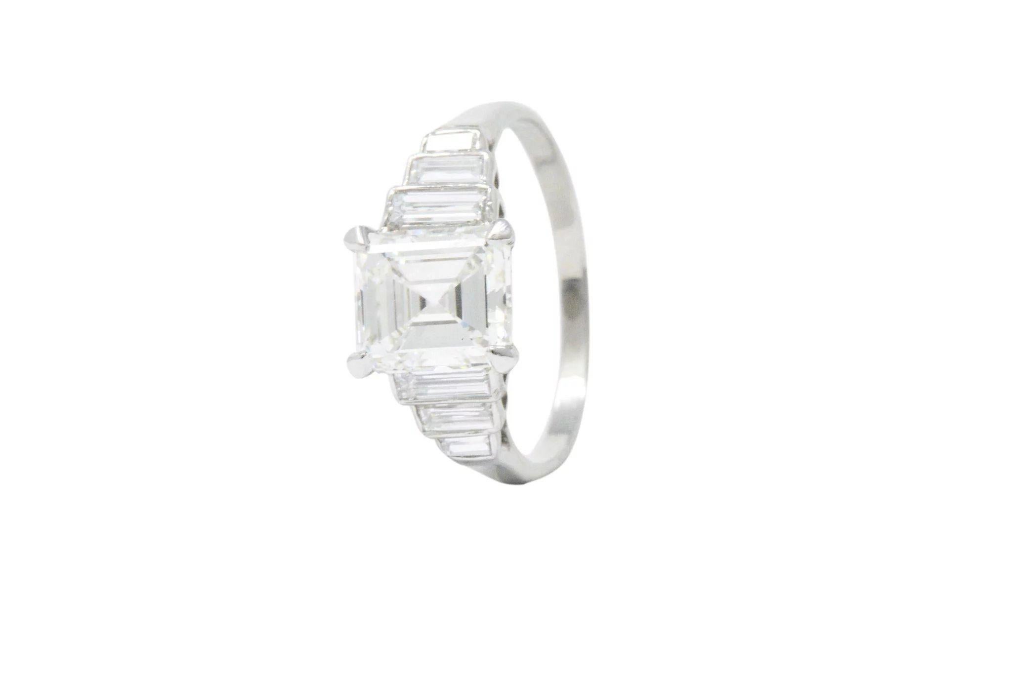 Retro 2.71 Carats Emerald Cut Diamond Platinum Engagement Ring GIA 3